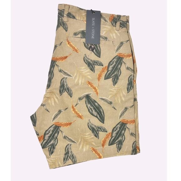 Slate Stone Mens Khaki Green Tropical Leaf Print Cotton Pockets Shorts Sz 30 New - Picture 4 of 7